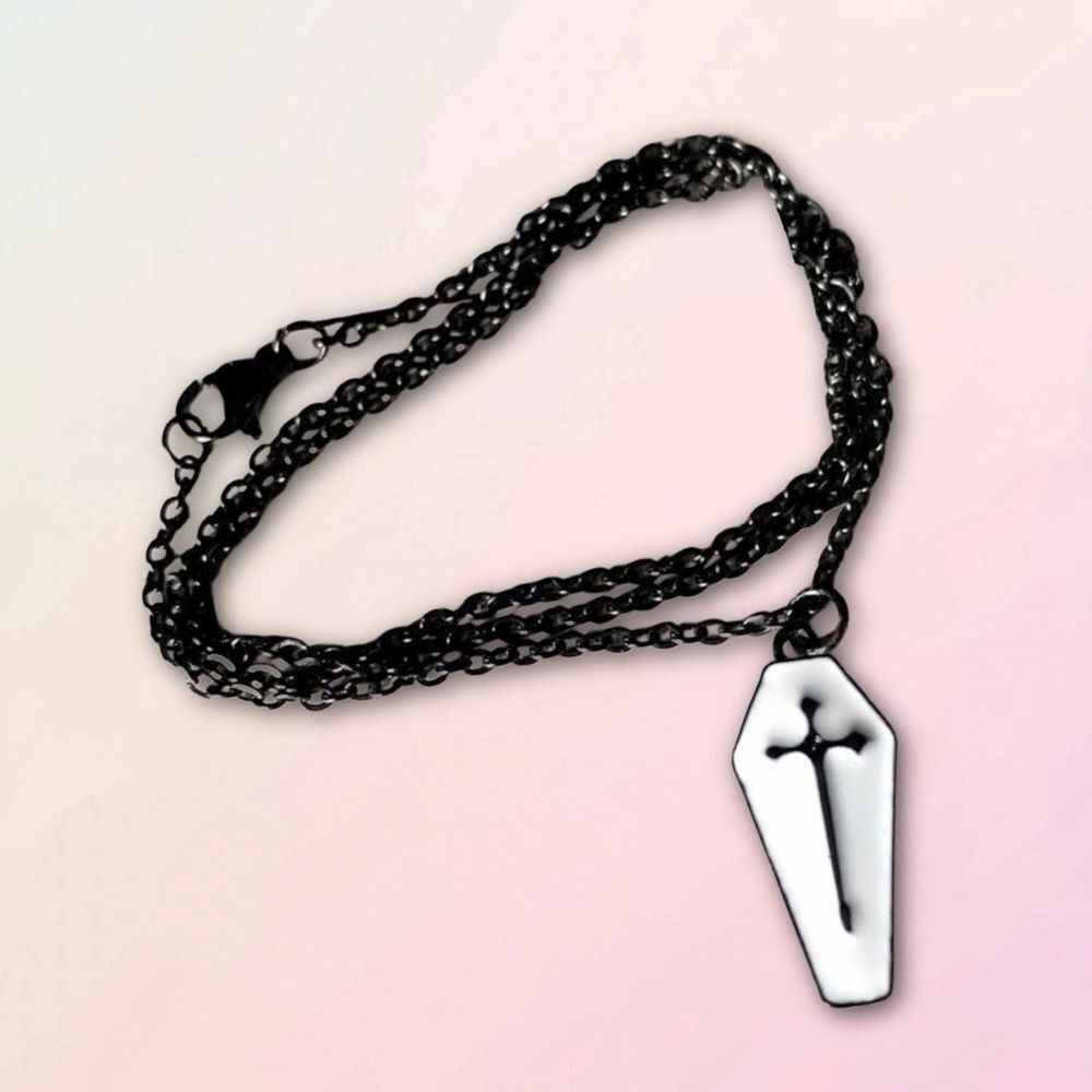 Coffin Shaped, Cross Enamel Pendant & Black Chain Set